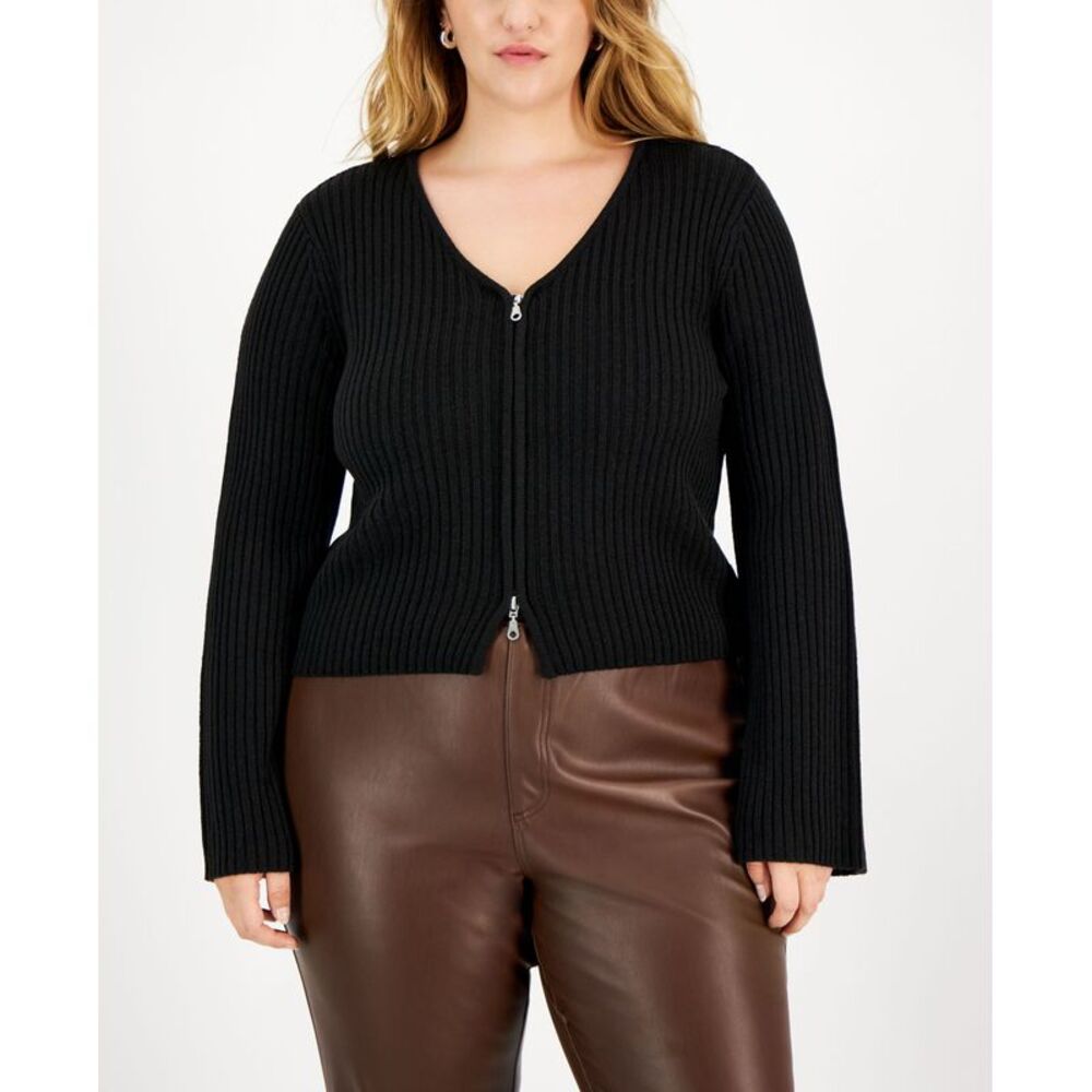 Trendy Plus Size V-Neck Zip-Up Sweater